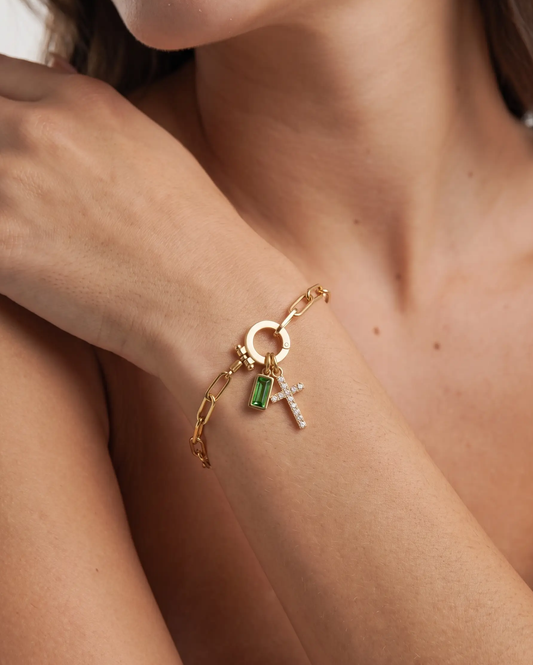 Paperclip Birthstone Cross Bracelet