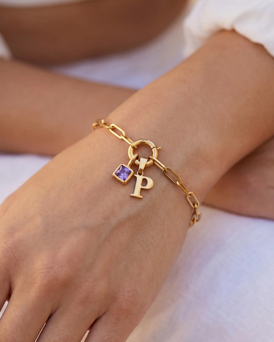 Paperclip Initial and Birthstone Bracelet