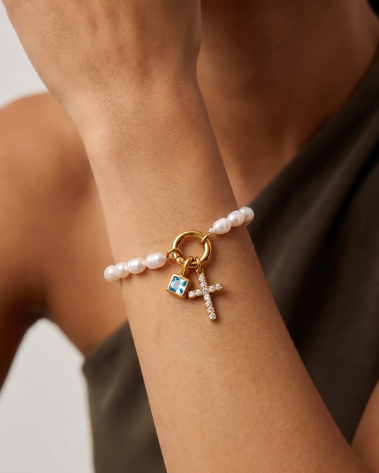Pearl and Birthstone Cross Bracelet