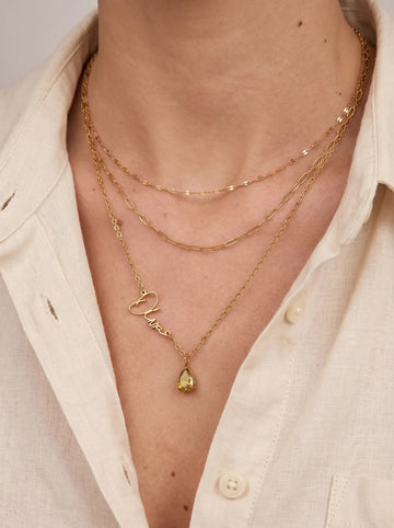 Script Name & Birthstone Necklace worn by a customer