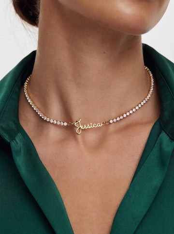 Script Name Tennis Necklace worn by a customer