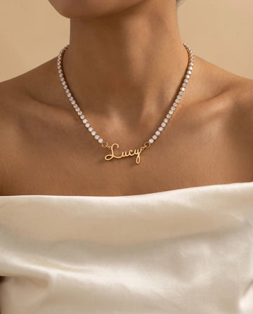 Script Name Tennis Necklace worn by a customer