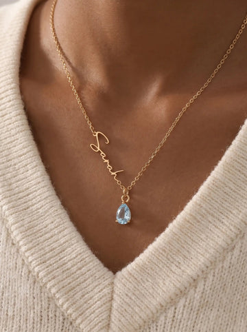 Script Name & Birthstone Necklace worn by a customer