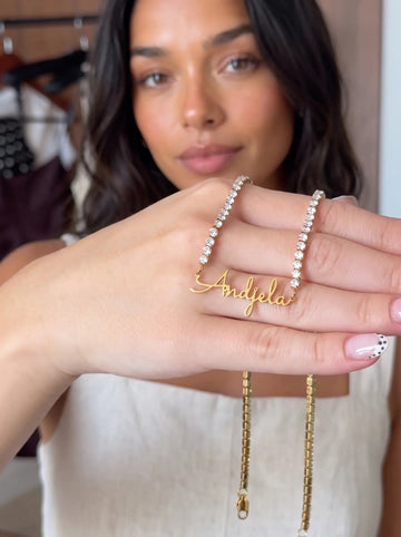 Script Name Tennis Necklace worn by a customer