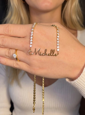 Script Name Tennis Necklace worn by a customer