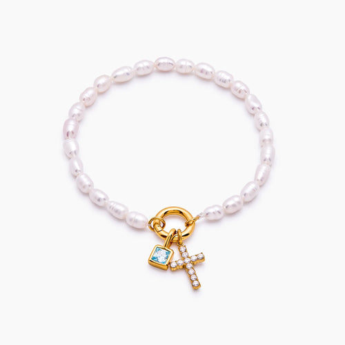 Pearl & Birthstone Cross Bracelet